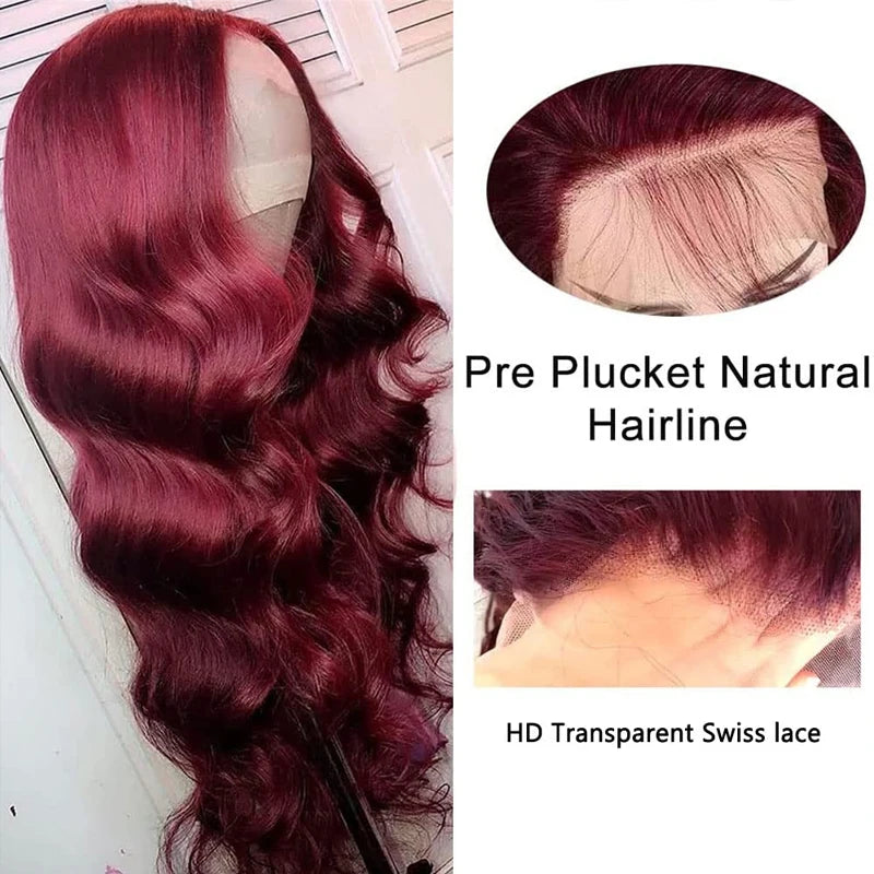 13X6 Body Wave Lace Frontal Human Hair Wigs Red Lace Front Wig Human Hair For Women Remy Pre Plucked Burgundy 99J Lace Front Wig