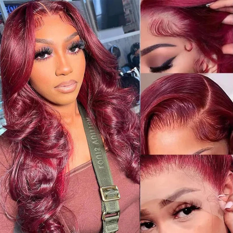 13X6 Body Wave Lace Frontal Human Hair Wigs Red Lace Front Wig Human Hair For Women Remy Pre Plucked Burgundy 99J Lace Front Wig