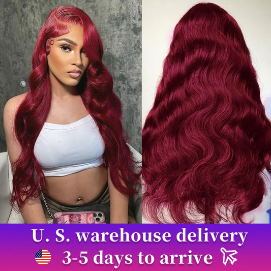 13X6 Body Wave Lace Frontal Human Hair Wigs Red Lace Front Wig Human Hair For Women Remy Pre Plucked Burgundy 99J Lace Front Wig