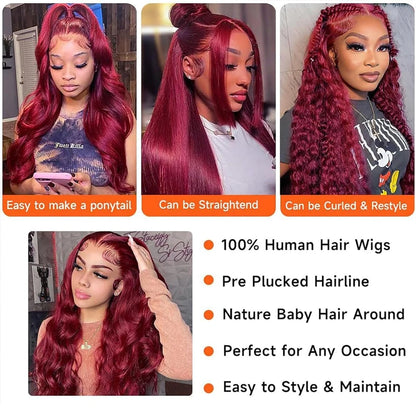 13X6 Body Wave Lace Frontal Human Hair Wigs Red Lace Front Wig Human Hair For Women Remy Pre Plucked Burgundy 99J Lace Front Wig